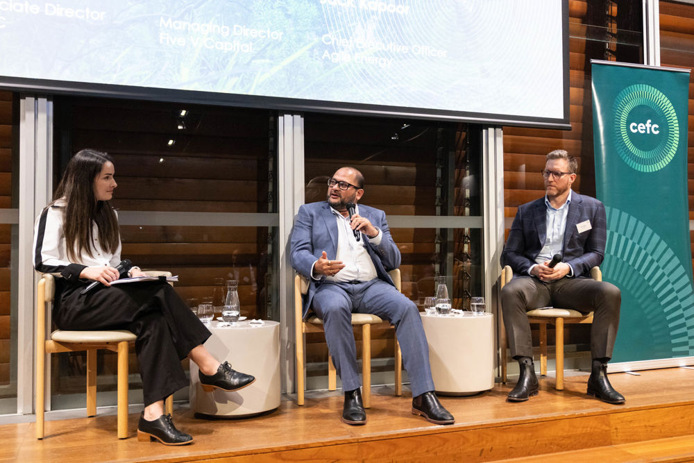 Zoe Parkin, Associate Director, CEFC Jack Kapoor, CEO, Agile Energy, and Patrick Rodden, Managing Director, Five V Capital